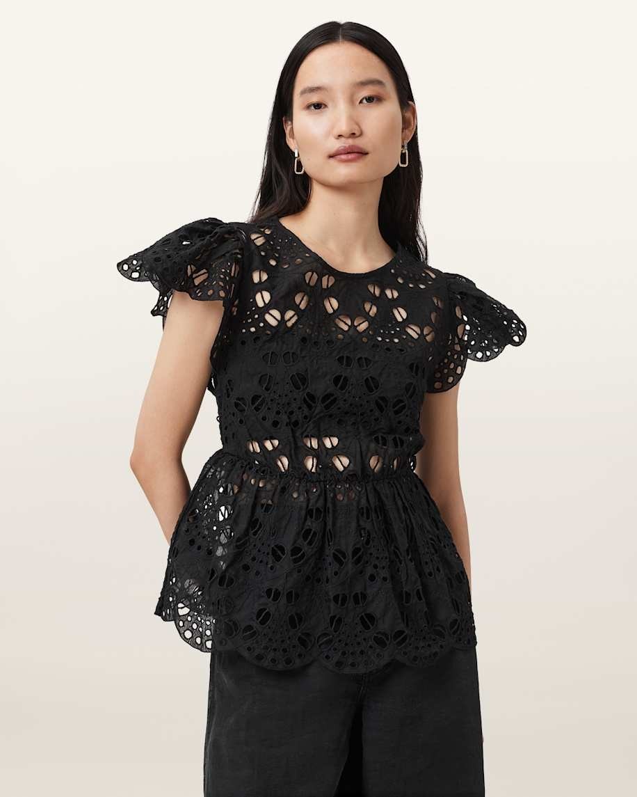 NWT All Saints Women’s Meadow Embroidered Top – Color Black – Size UK 8/US 4