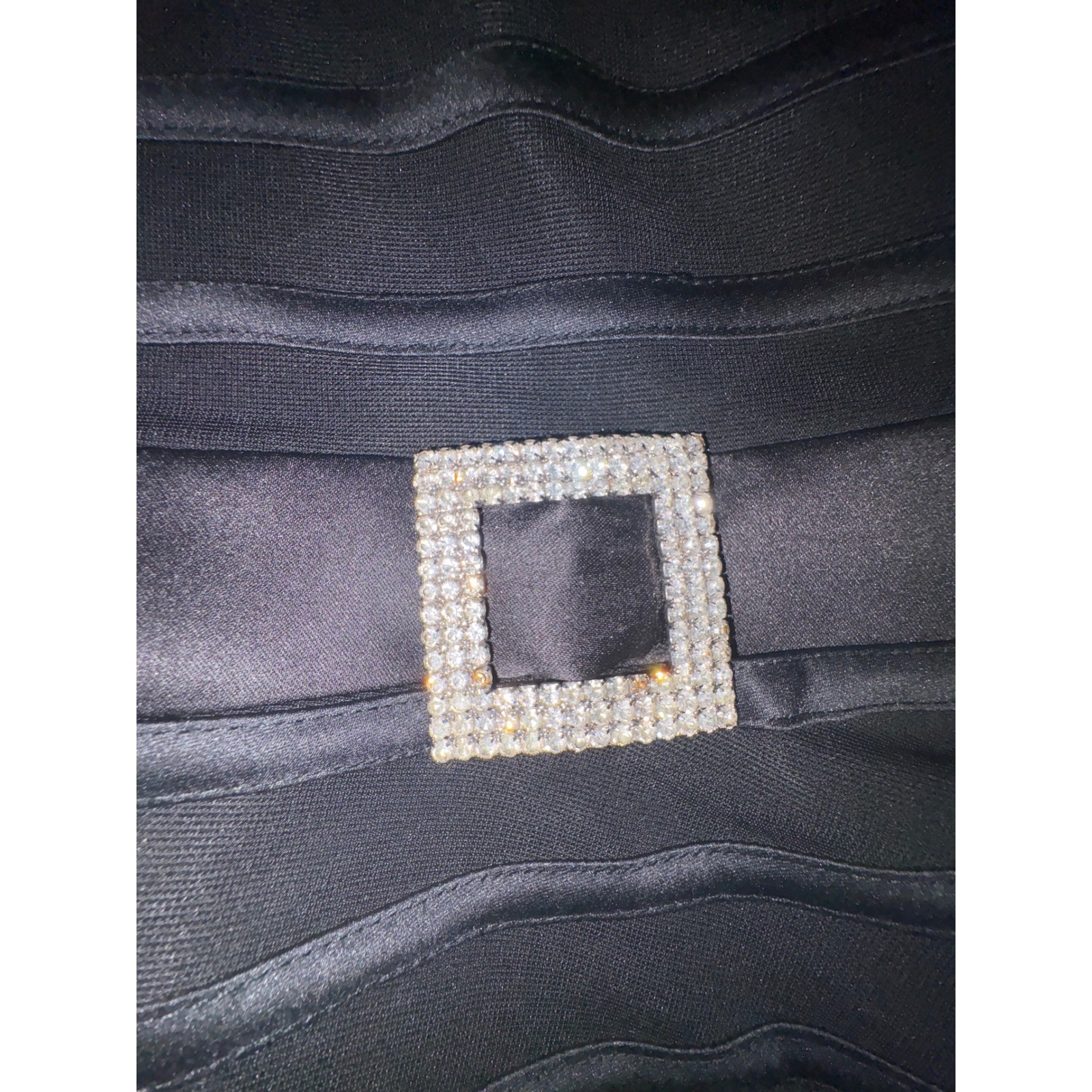 JS Collections Black Ribbon Mesh Peplum Top Rhinestone Buckle Size 10 Evening