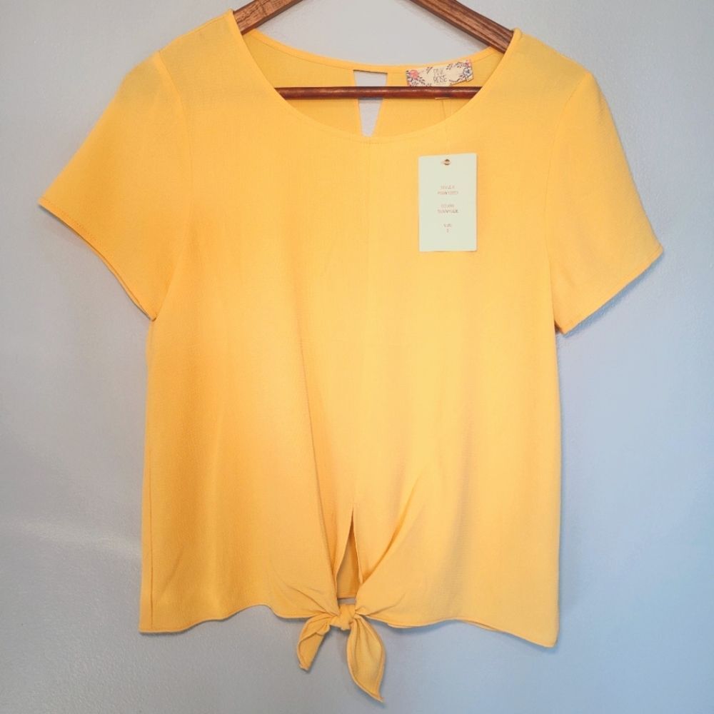 Pink Rose Yellow Blouse Top With Bottom Knot Tie Back Cut-out Womens Size S NWT