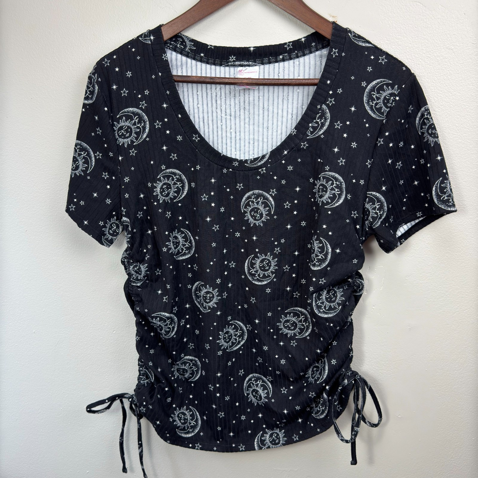 No Boundaries Womens Celestial Ribbed Ruched Side Tie Top XL Whimsigoth Witchy