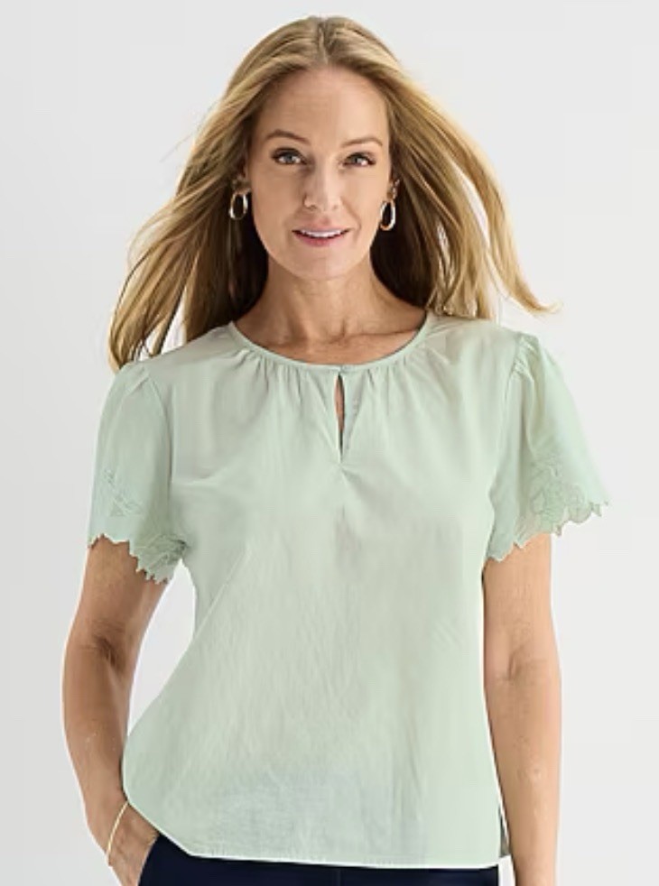 NWT Liz Claiborne Womens Keyhole Neck Short Sleeve Embroidered Blouse Size XL