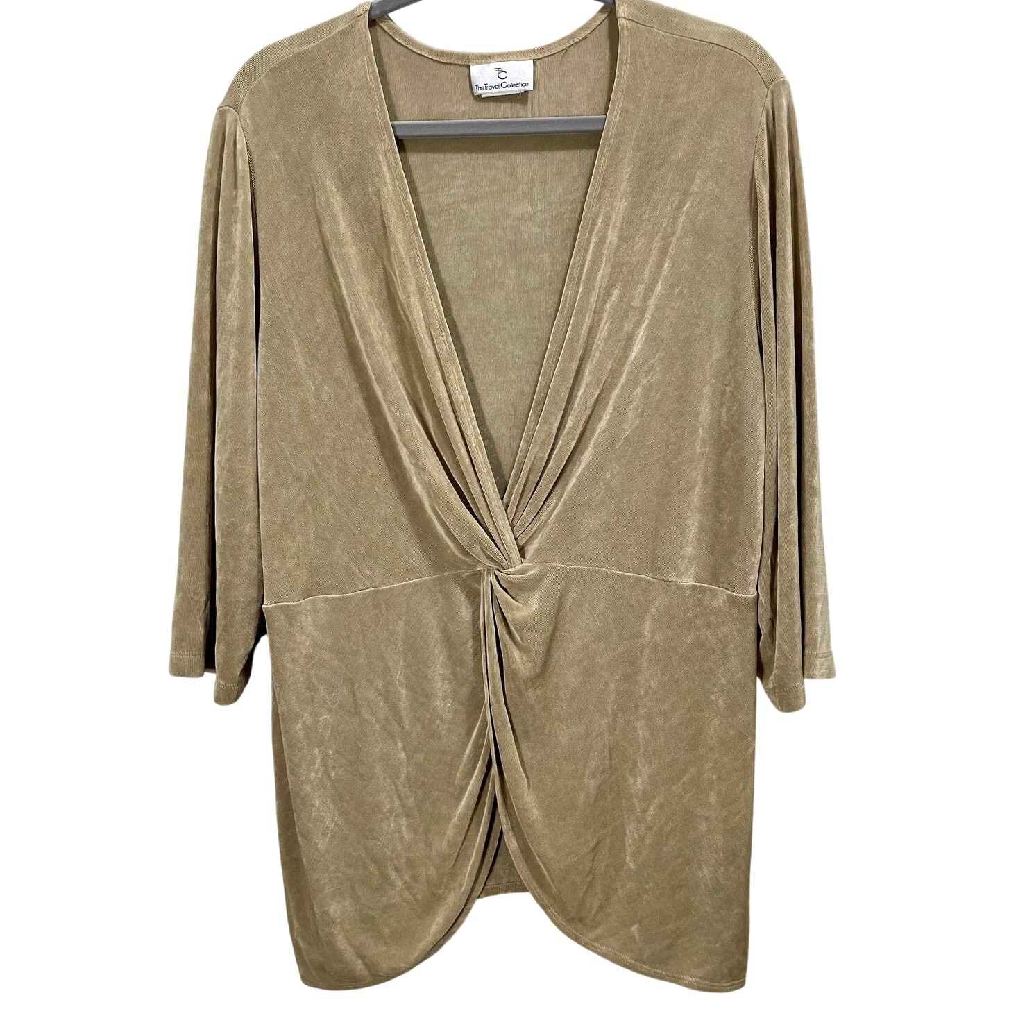 Vintage 1990s The Travel Collection Tan Twist Blouse Gold Faux-Wrap Womens 1X