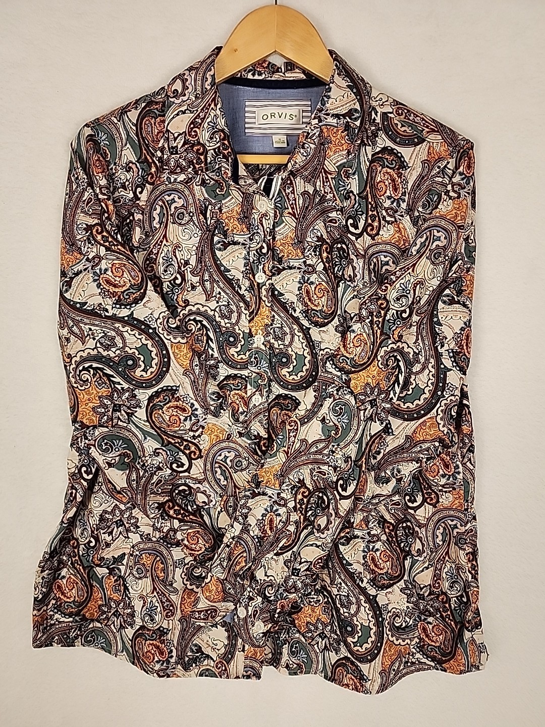 Orvis Shirt Top Khaki Green Rust Black Paisley Button Up Long Sleeve Cotton 16
