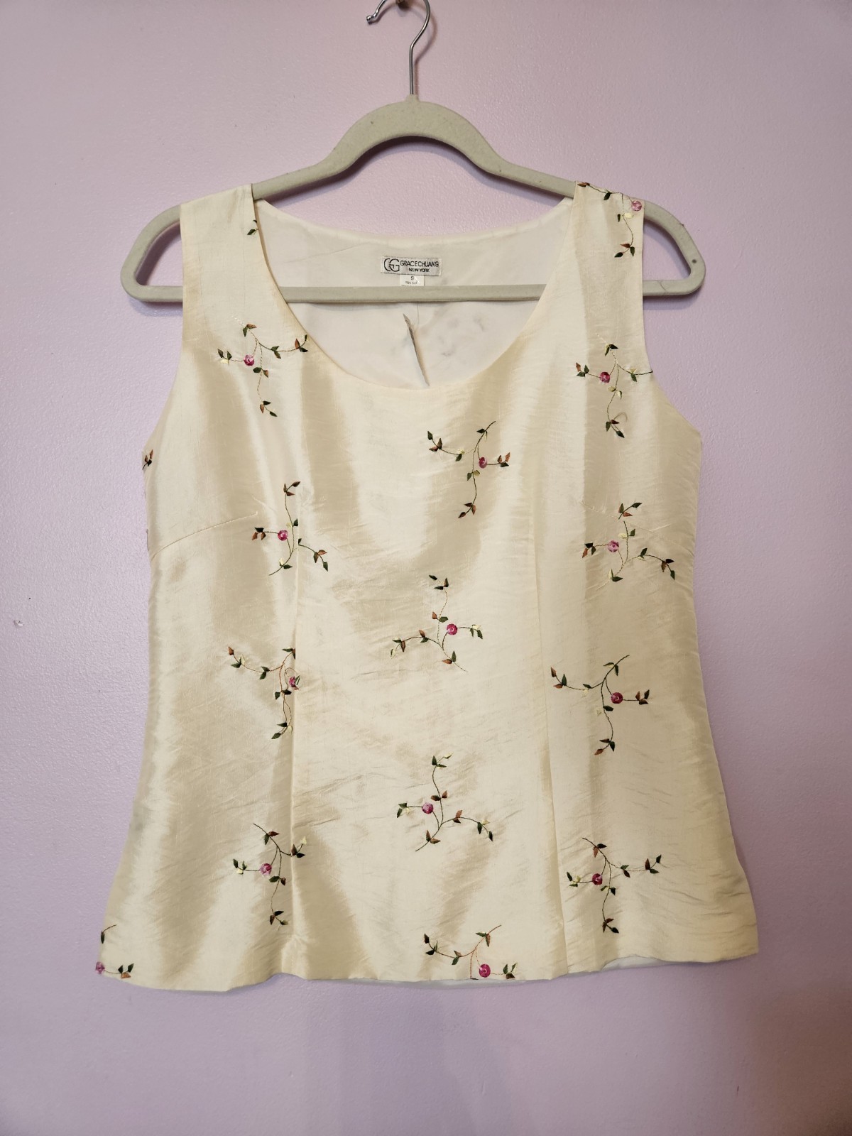 Grace Chuang Embroidered 100% Silk Top Cream Ivory Floral