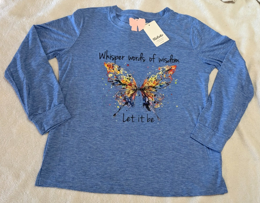 The Beatles Musical Quote “Let it Be” Butterfly Blue Long Sleeve T Shirt Top Lg