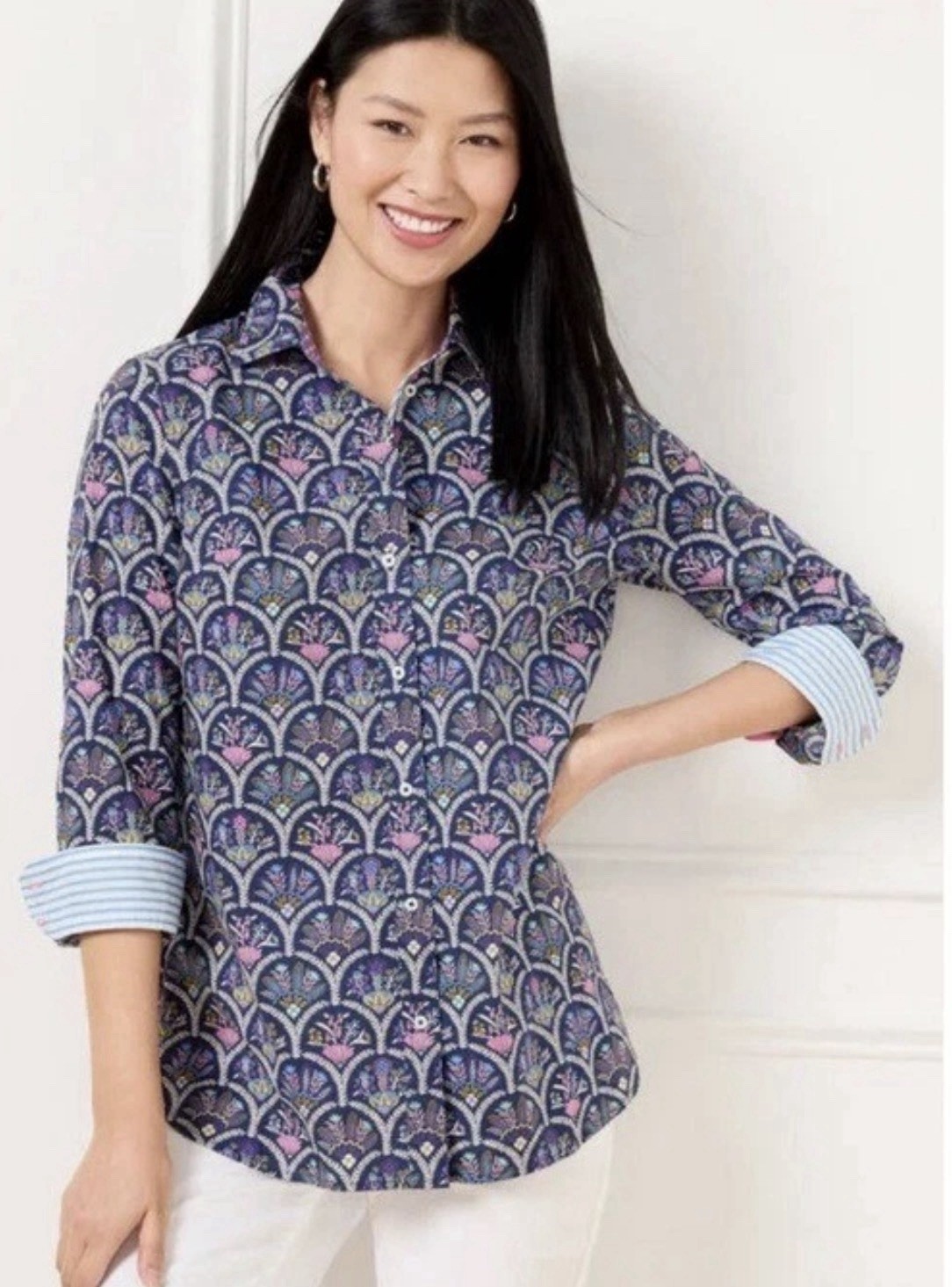 Talbots Navy Floral Scalloped Classic Modern Button Down Relaxed Shirt Sz Large