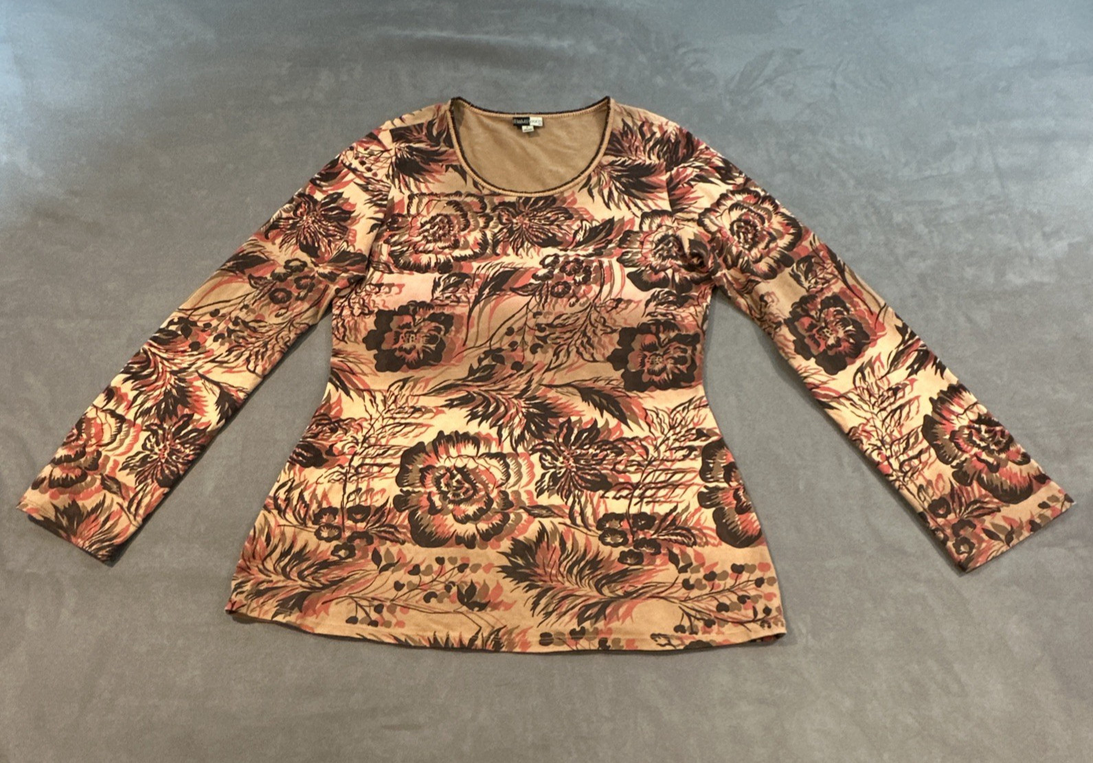 Y2K Boho Beaded Rhinestone Floral Pima Cotton Long Sleeve Top Womens L Earthy