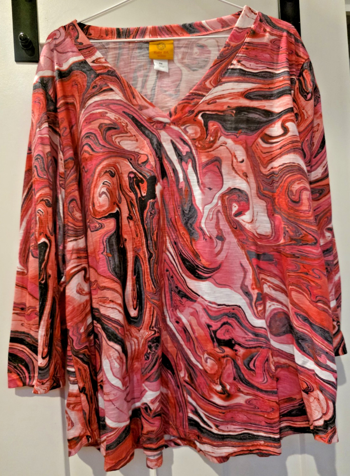 Ruby Rd. Pink/Red/Black Abstract Polyester V-Neck Pullover Blouse Plus 3X