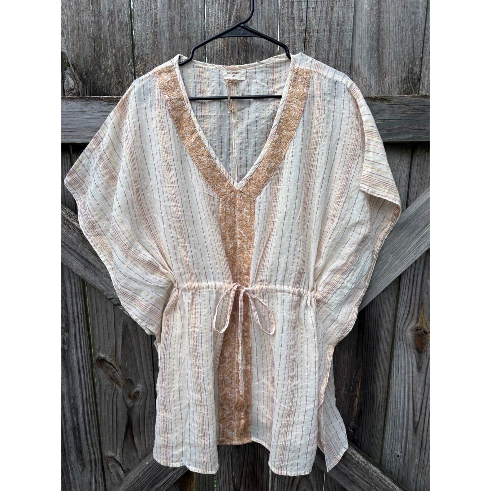 World Market Women Metallic Striped Embroidered Kaftan Top One Size Cream Gold