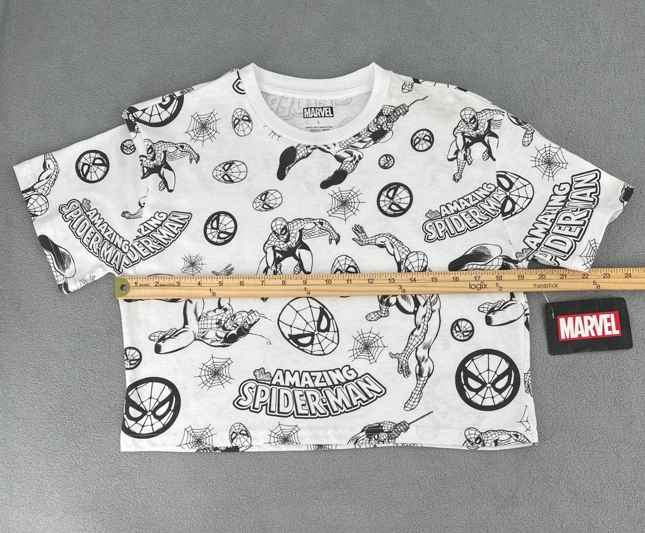 The Amazing Spider-Man Crop Top T-Shirt Womens Large White Marvel AOP Retro Y2K