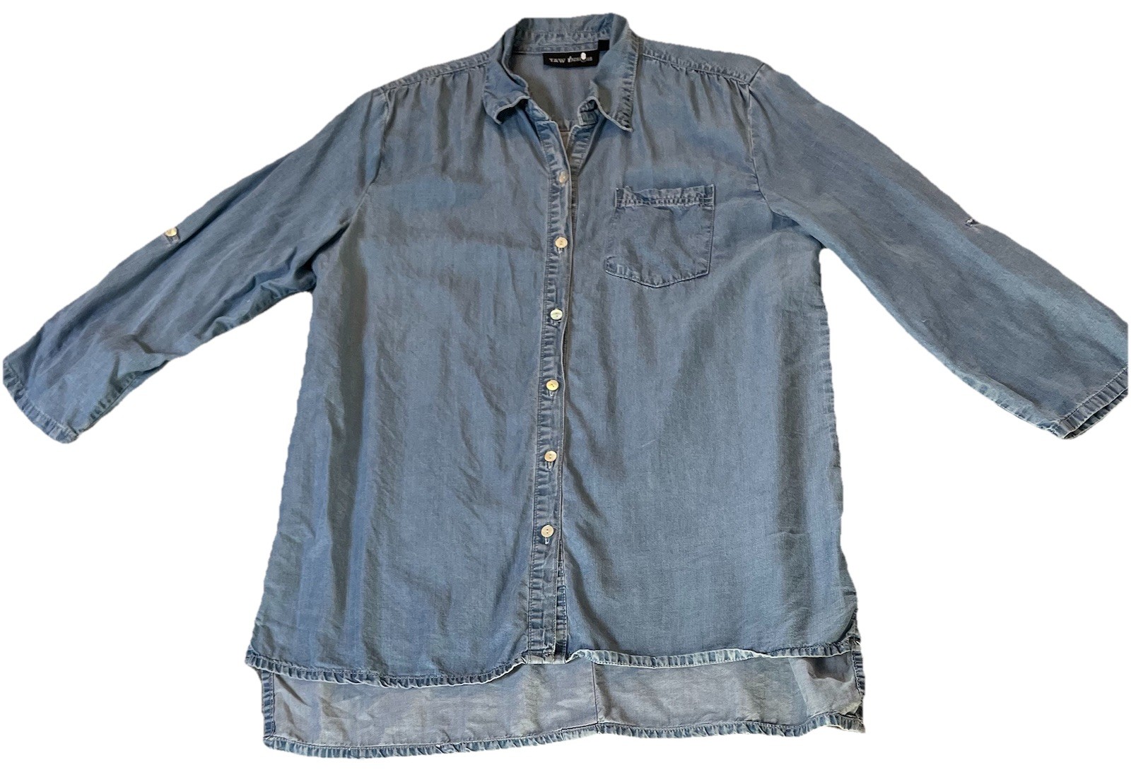 T&W Designs Tencel Button Shirt Womens Sz L Blue High Low Lightweight Classic
