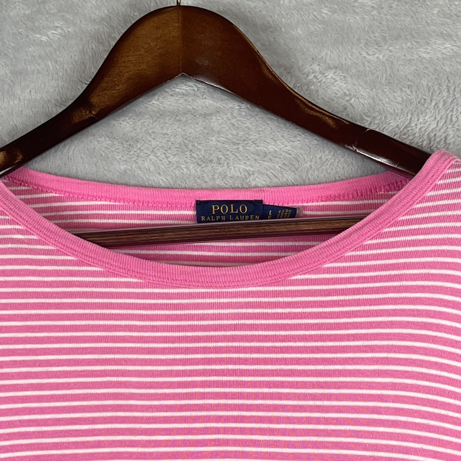 Polo Ralph Lauren Womens L Striped Tee Pink White Pony Preppy Casual Cotton
