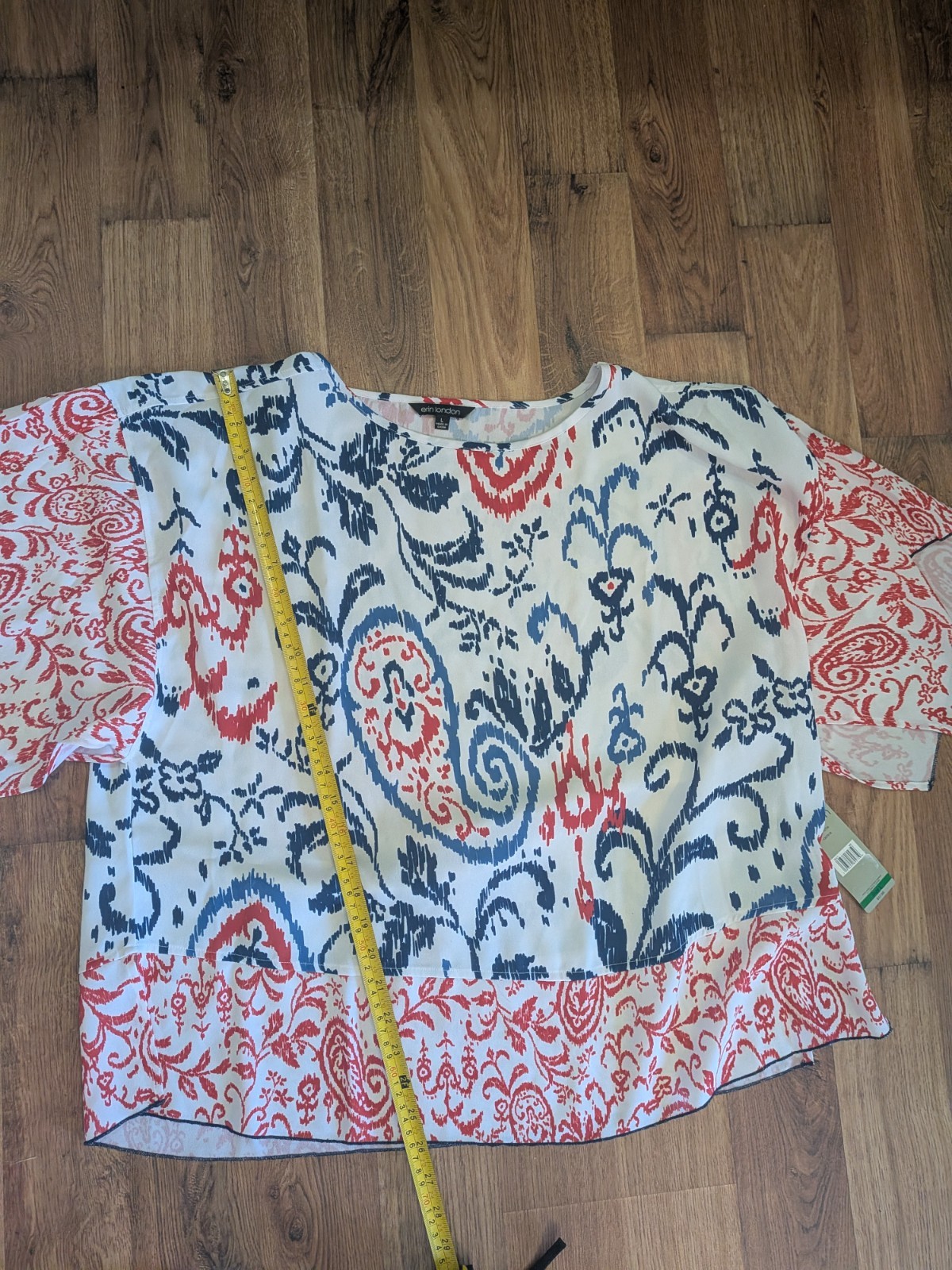 Erin London RELAXED R/W/B Print SS Slight Sheer Sz. L Blouse New w/Tags