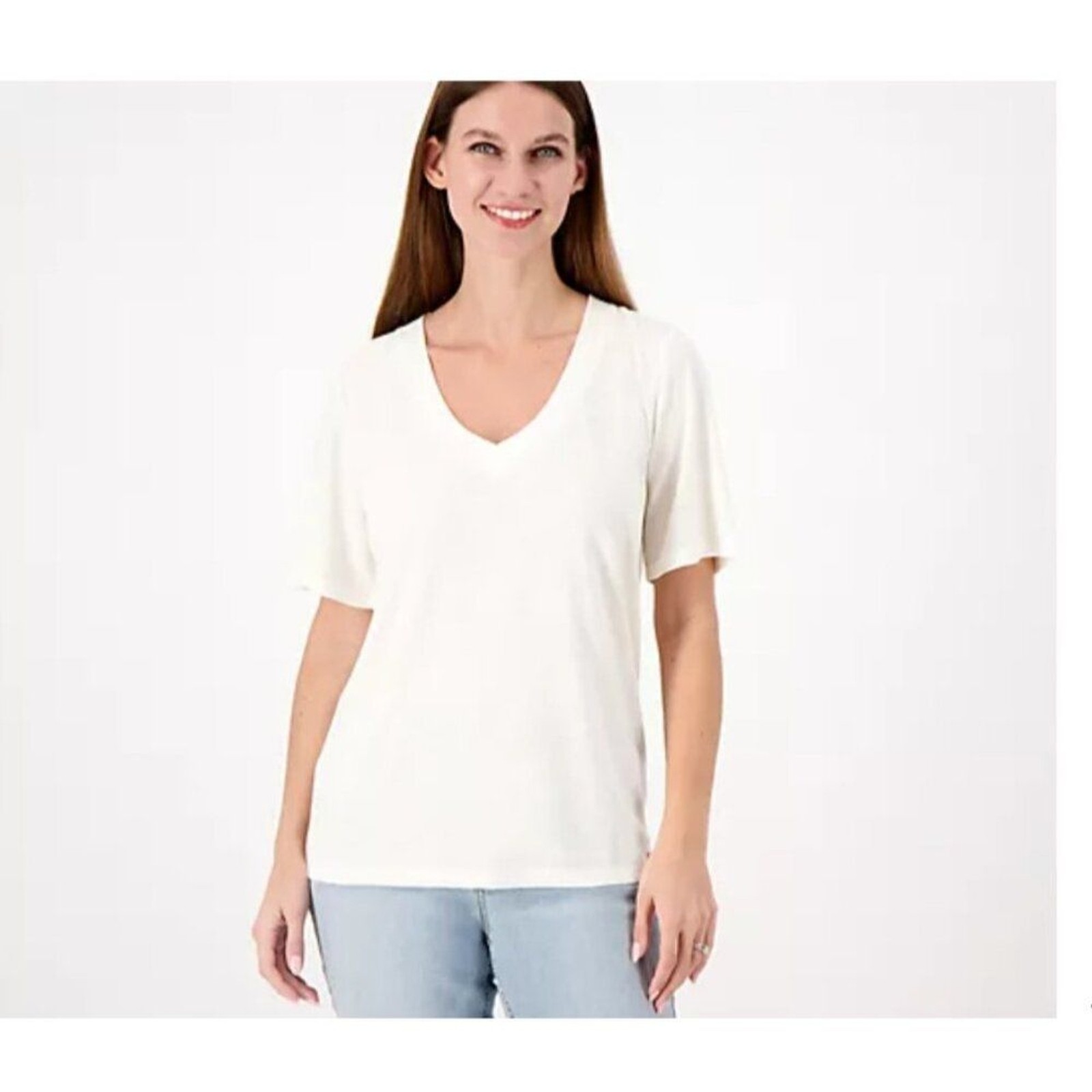 Peace Love World Women Top Sz M Mia V-Neck Knit Tee Summer Ivory A596121