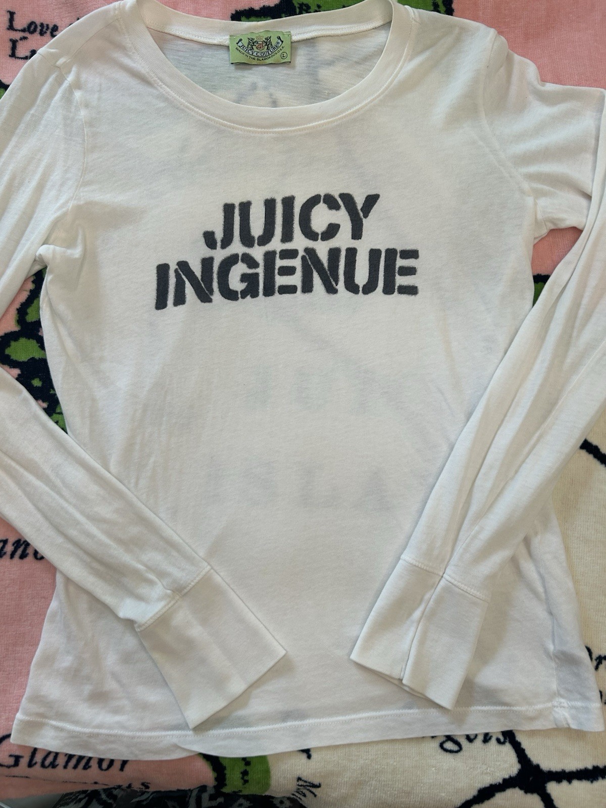 Y2K Vintage Juicy Couture White Graphic Long Sleeve Tee JUICY INGENUE Size S