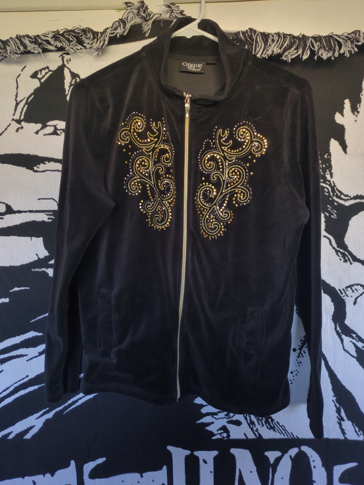 Onque Casuals Womens L Jacket Black Zipper Valors With Embellish Swirls
