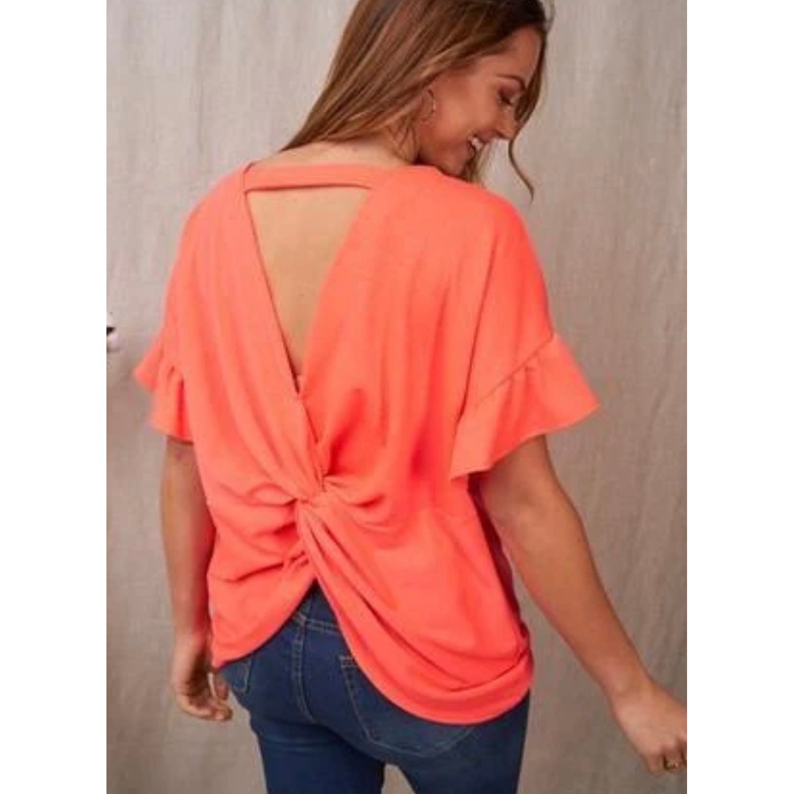 Women’s Plus Size 3x Knot Twist Flutter Short Sleeve Bright Coral Flirty Top