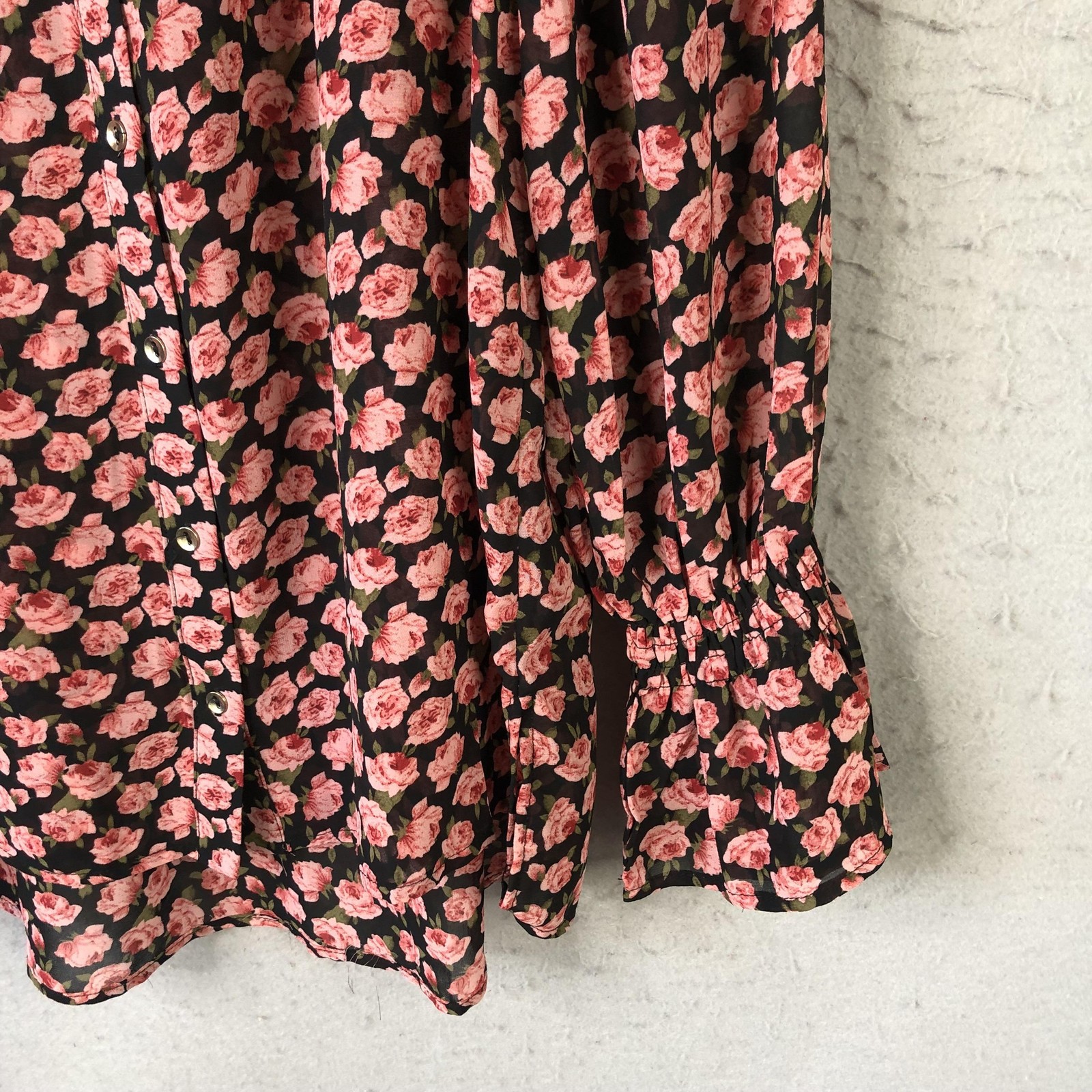 Feminine top Womens S Black Rose Dark Floral Button Front Sheer Ruffle Cottage
