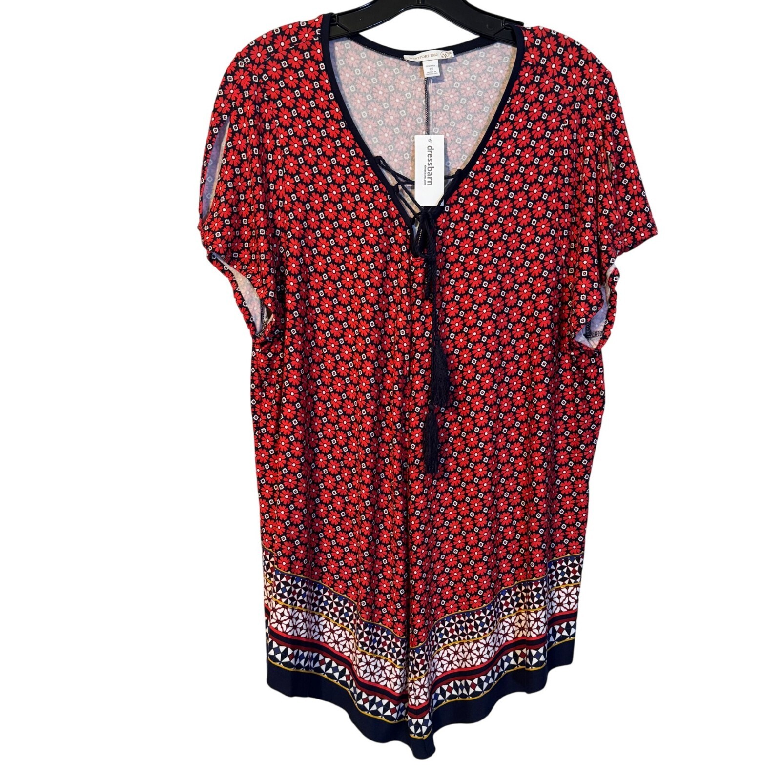 Womens Westport 1962 Red & Black Floral Print Short Sleeve Top Sz 1X With Tassel