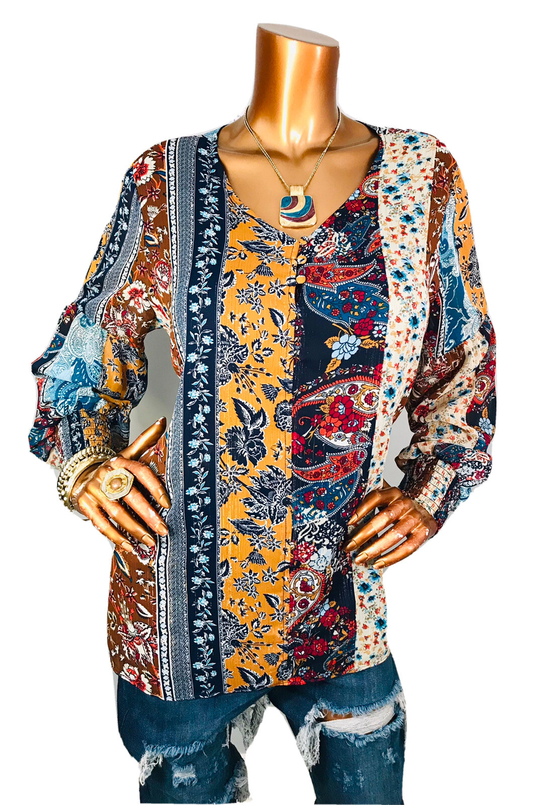 Dressbarn XL Top Floral Multi Print NWT $44 Low V Cut Shiny Stripes Lined Blouse