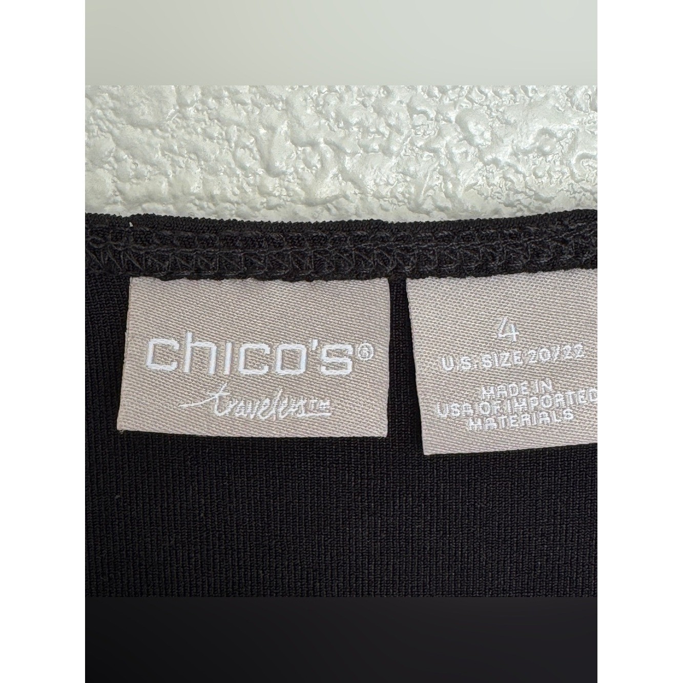 Chicos Travelers Size 4 US 20/22 Black Slinky Top Crochet 3/4 Sleeve Detail
