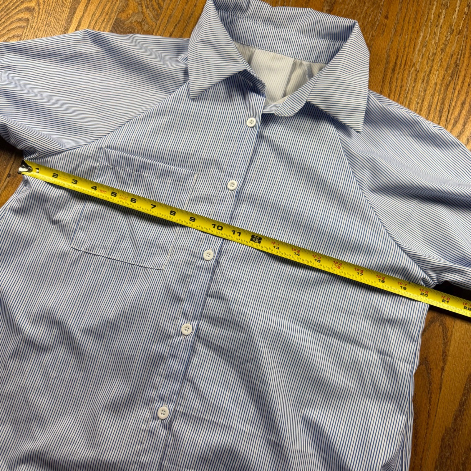 Blue White Striped Button Down teacher Shirt Smocked Ruffle Cuff Blouse Size M