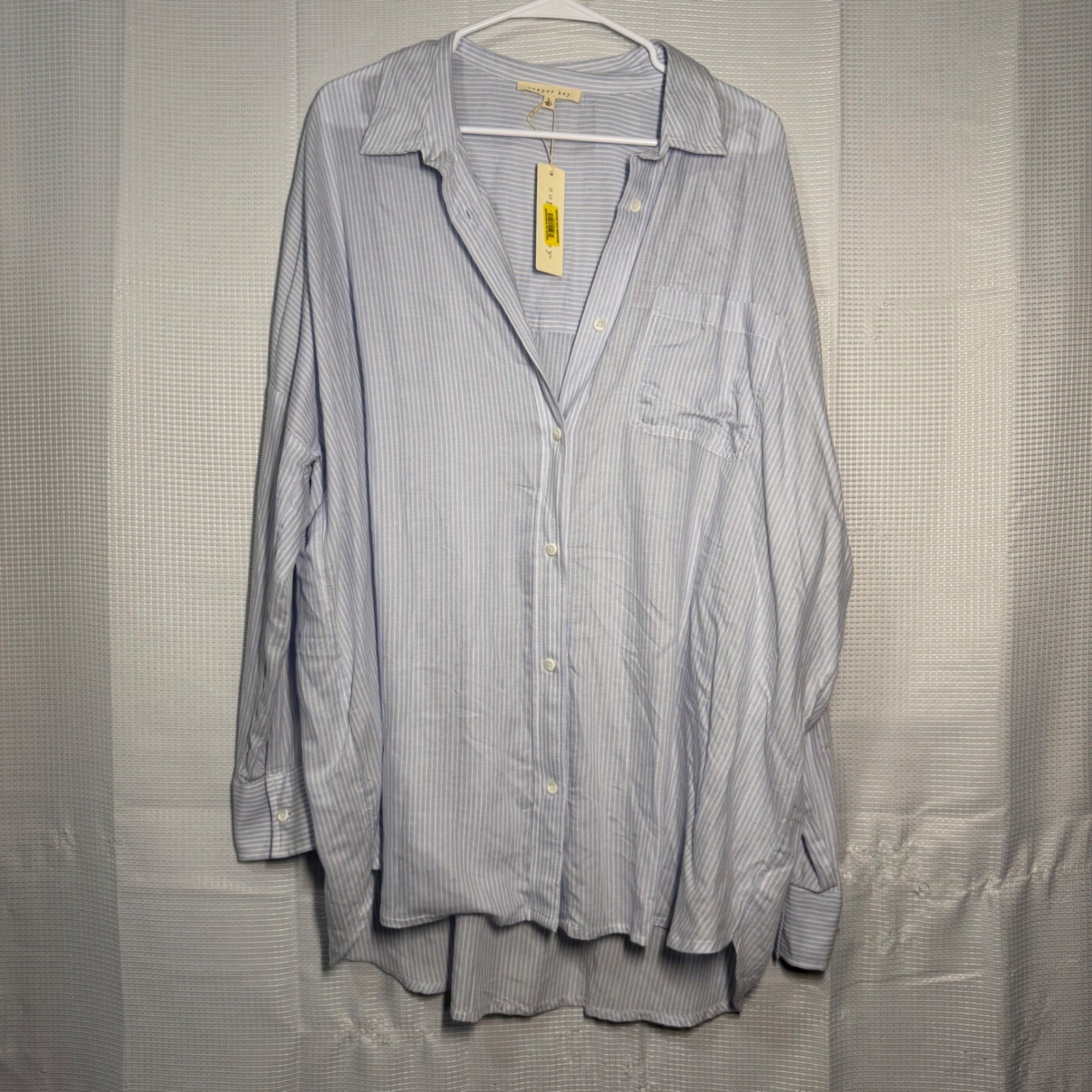 Copper Key Striped Button Down Shirt L Light Blue Oversized High-Low Hem