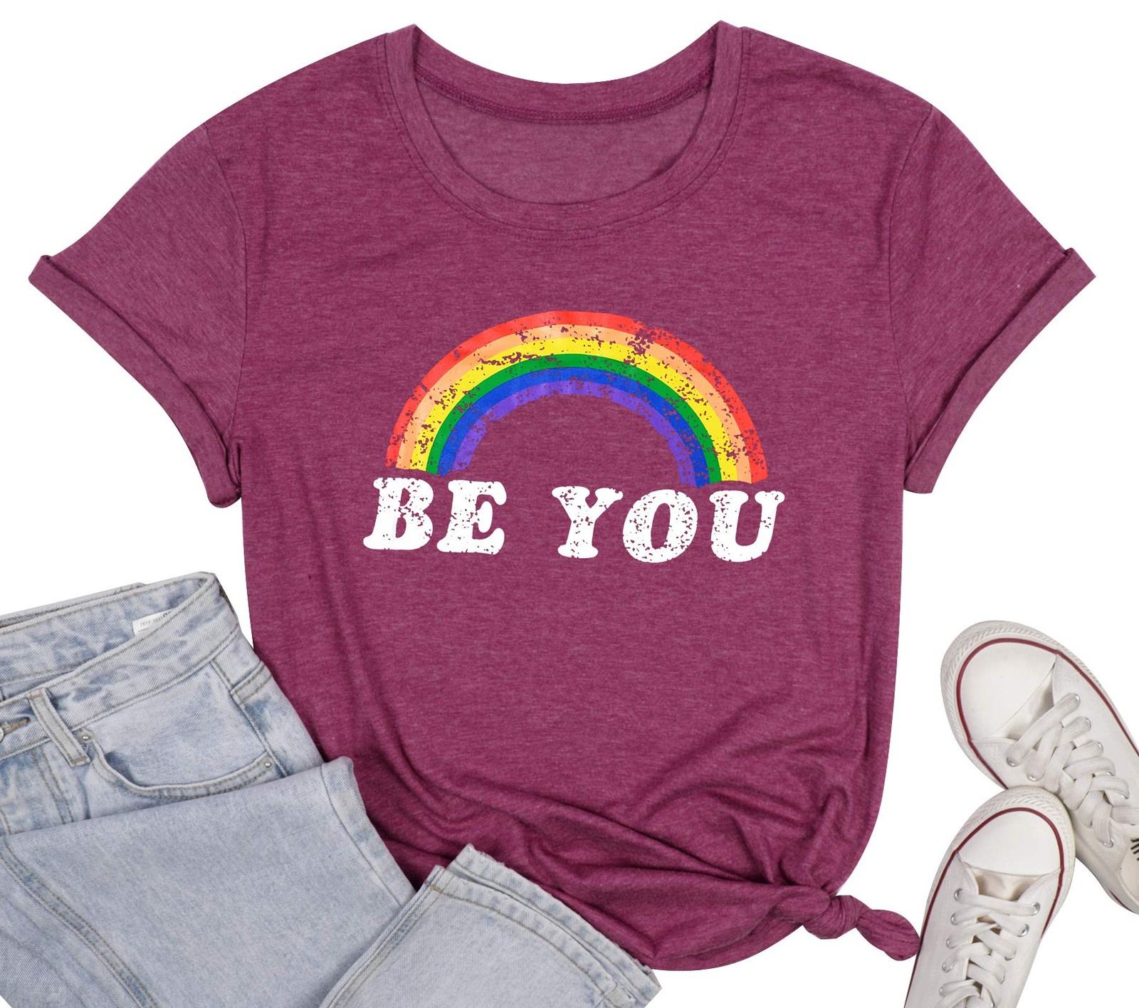 Women’s Rainbow Graphic Tee Be You LGBTQ Shirt (Be You, Wine Red, X-Large)