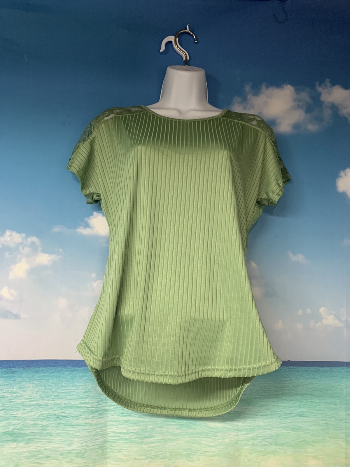 Paper Tee Sea Green Top with Lace L NWOT