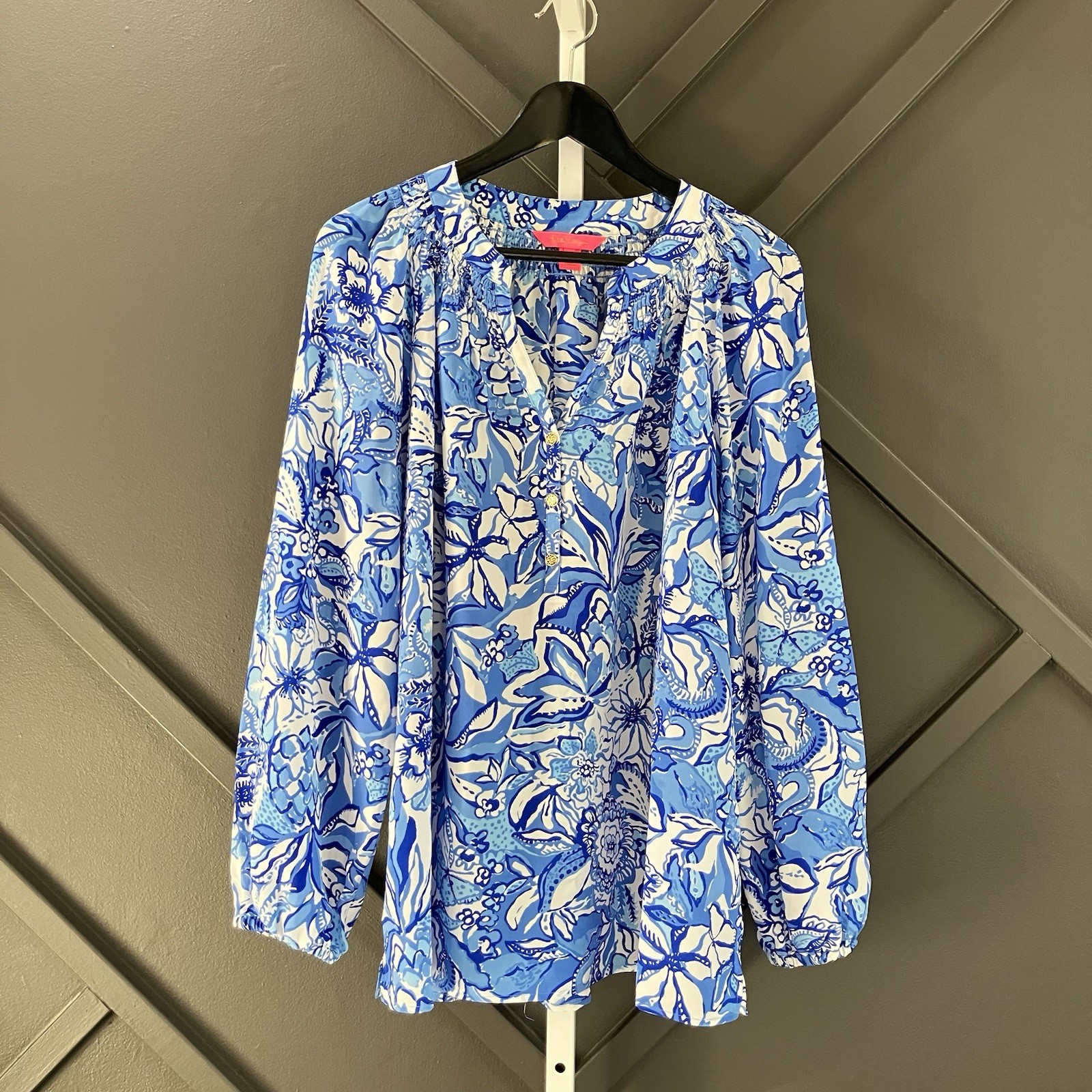 Lilly Pulitzer Blouse Womens XL Silk Floral Long Sleeve Popover Blue White Pink