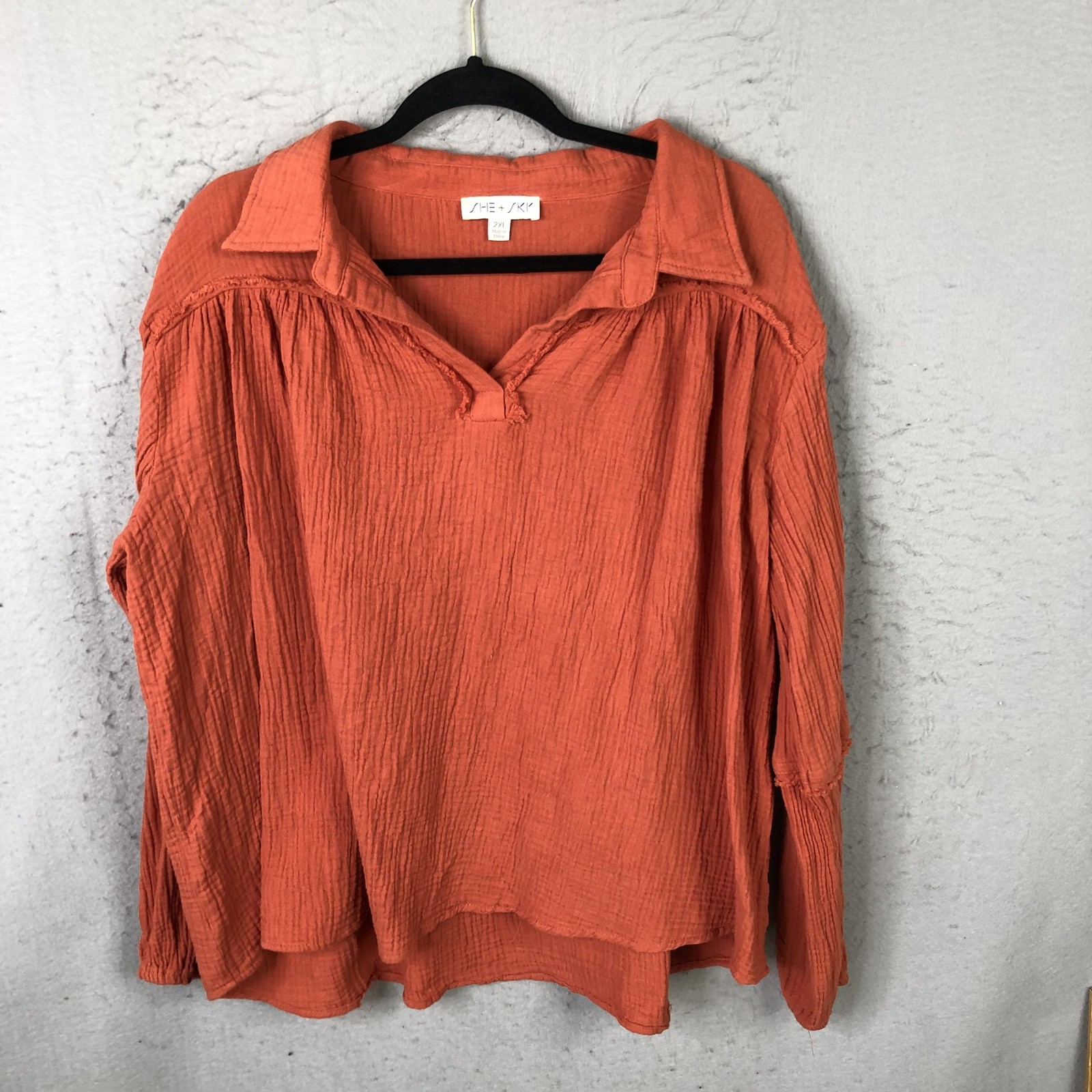 She + Sky Blouse Womens 2XL Orange Crinkle Gauze Collared Tunic Long Sleeve