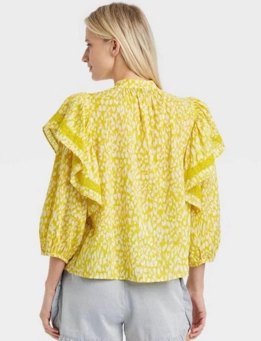 ⭐️$5 WHO WHAT WHERE Yellow-Green Ruffle Accented 3/4 Sleeve Top or Blouse Sz S