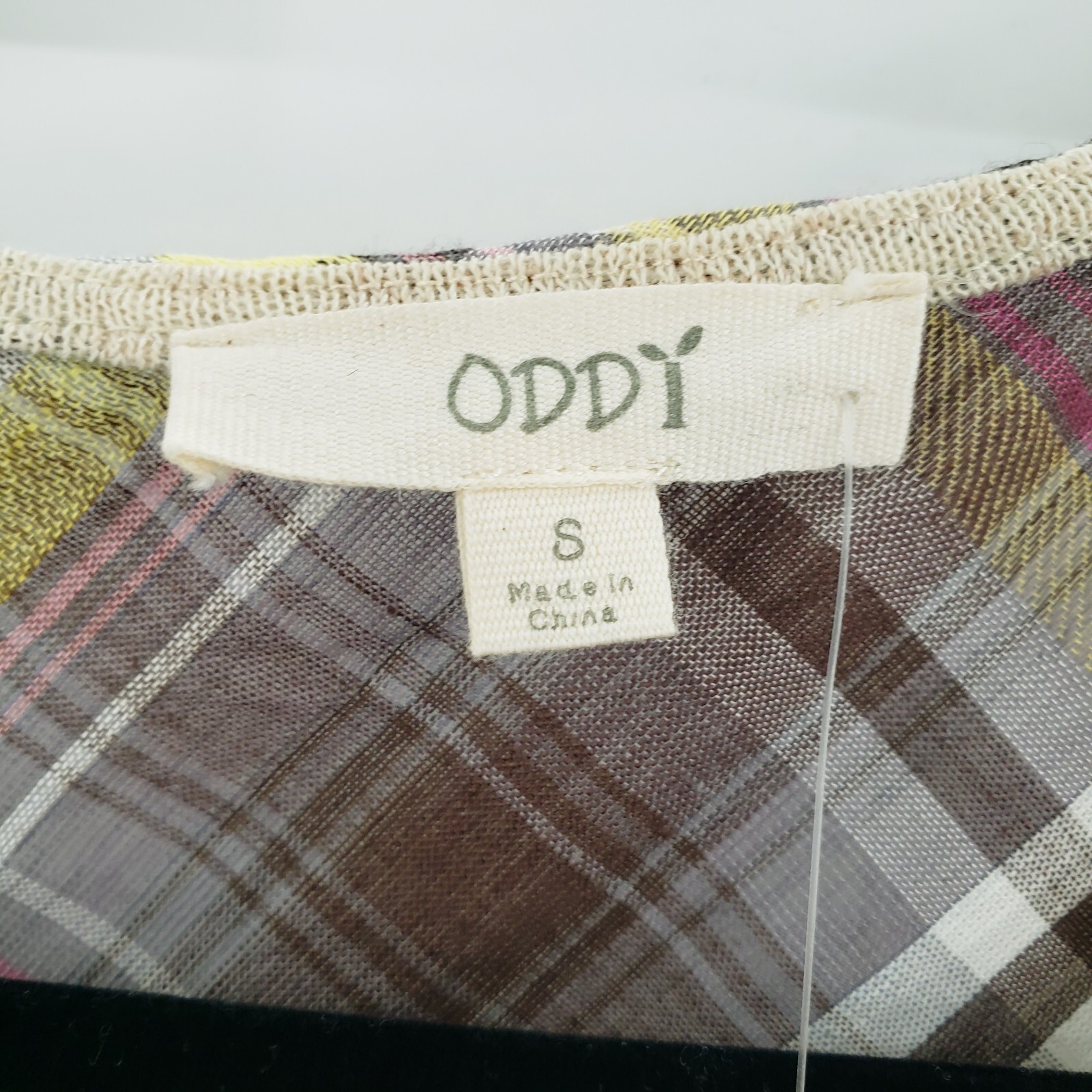 Oddy Short Sleeve Knit Blouse Womens Small Plaid Cream Mixed Media Top