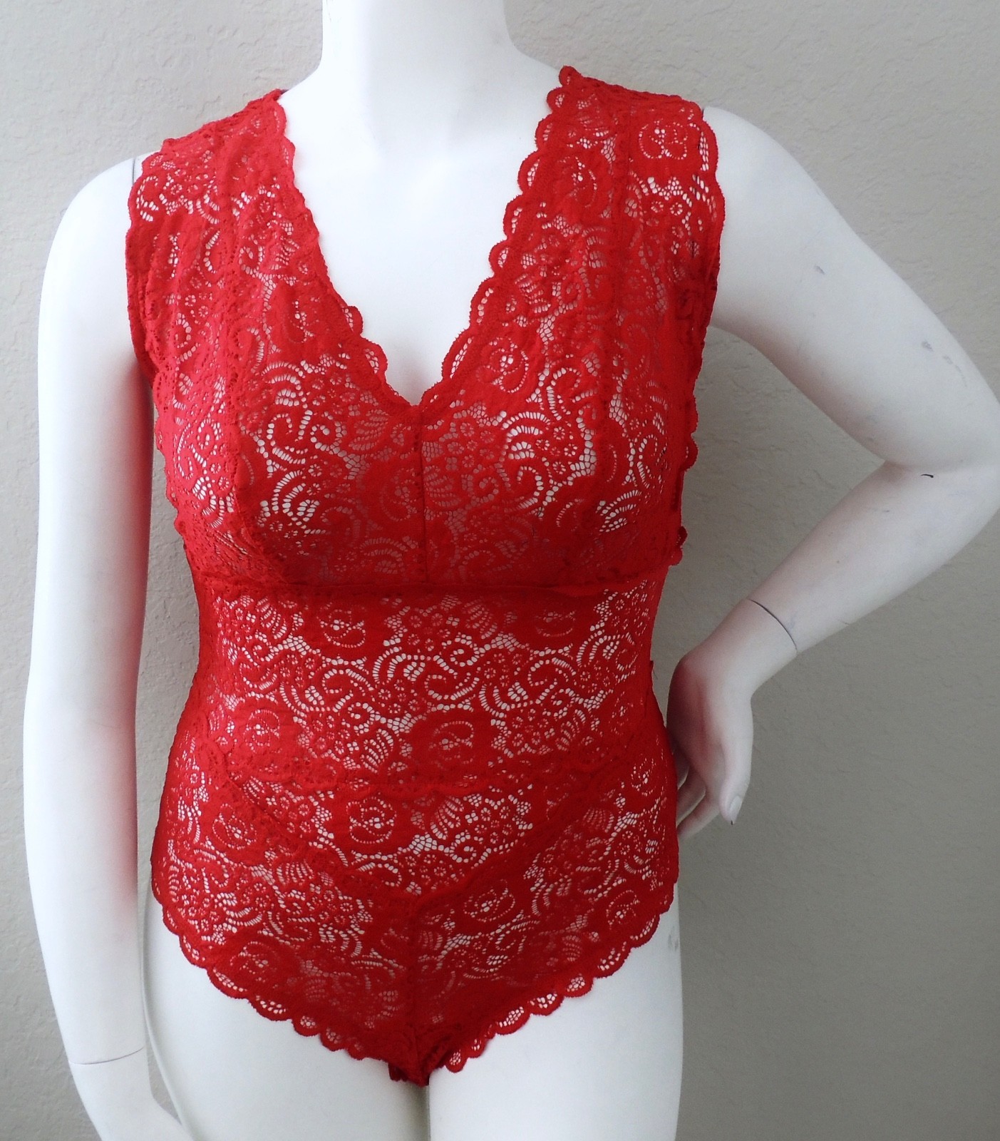 Oh Yes Fashion Sheer Stretch Lace Bodysuit Top Red Plus 1XL 2XL 3XL – New!