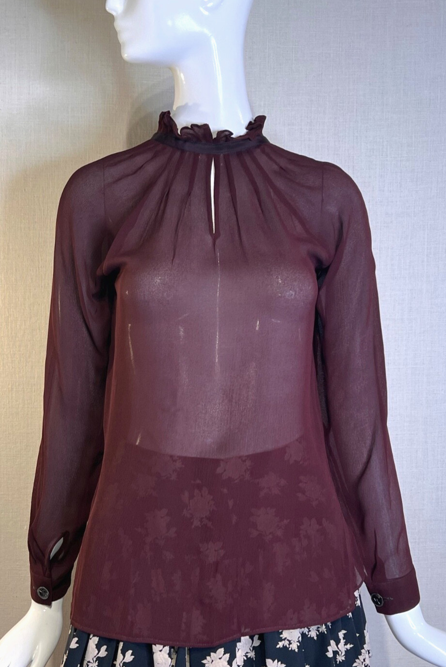 GIORGIO ARMANI Black Label DEEP BURGUNDY Sheer Silk Chiffon Blouse, 38 Italy