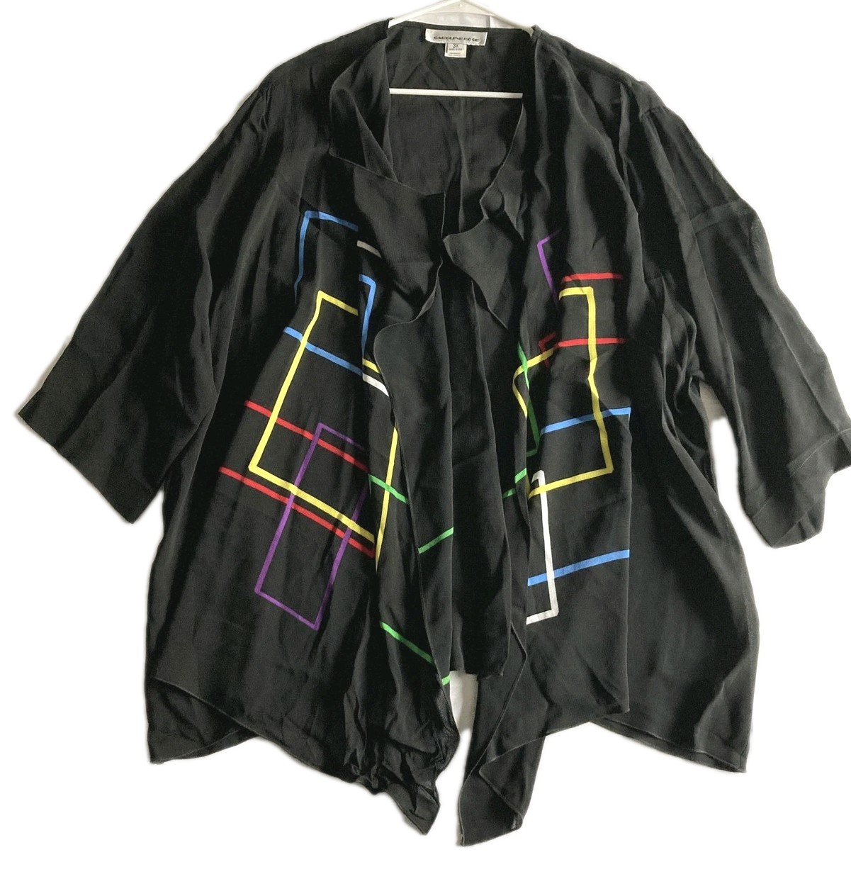 Caroline Rose Blouse Women 3X Black Kimono Sheer Open Front Artsy Geometric Top