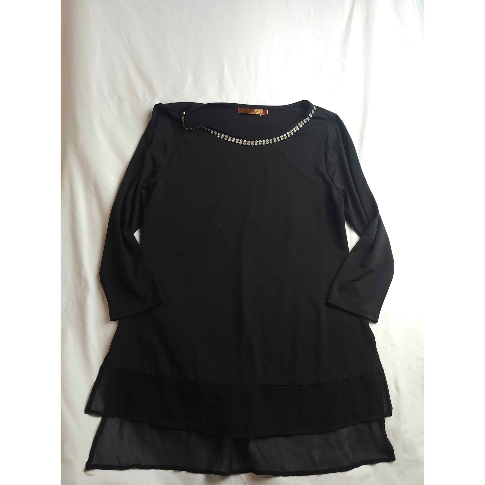 Beldini Black Rhinestone Neck Layered Chiffon Hem Tunic Top 3/4 Sleeve Small