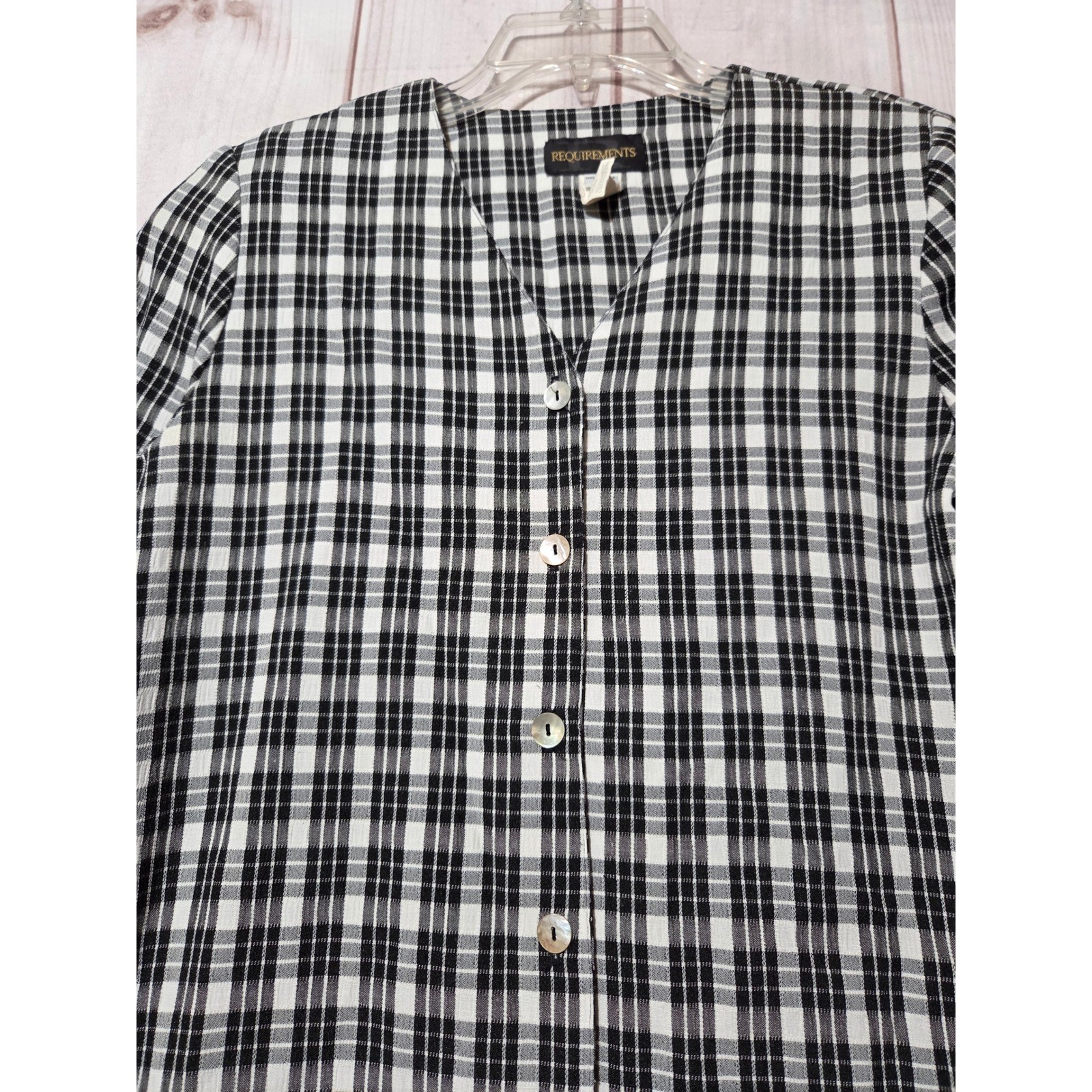 Requirements Womens Plaid Seersucker Button Down Tunic Blouse Black White Small