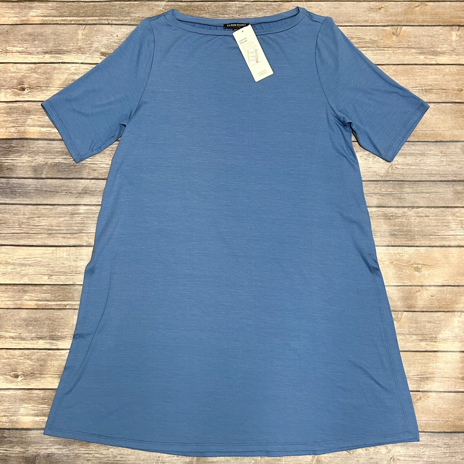 Eileen Fisher Coast Blue Short Sleeve Long A Line Tunic Wide Side Slits XS NWT