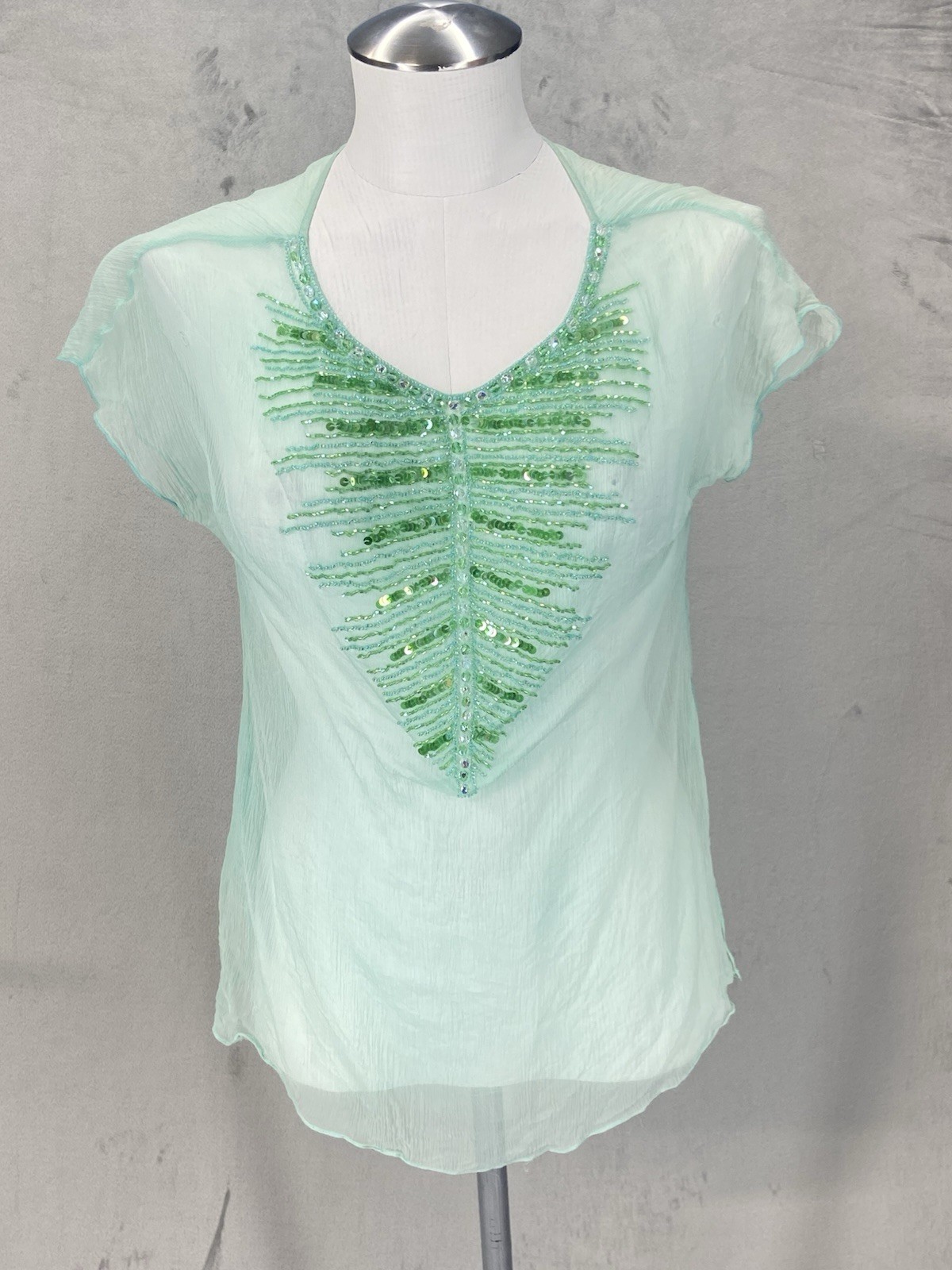 Y2K Sequin Top Small Beaded Mint Green sheer overlay Fairycore