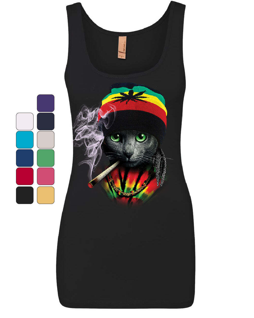 Rasta Cat Women’s Tank Top Smoking Joint 420 Jamaica Marijuana Pot Weed Top