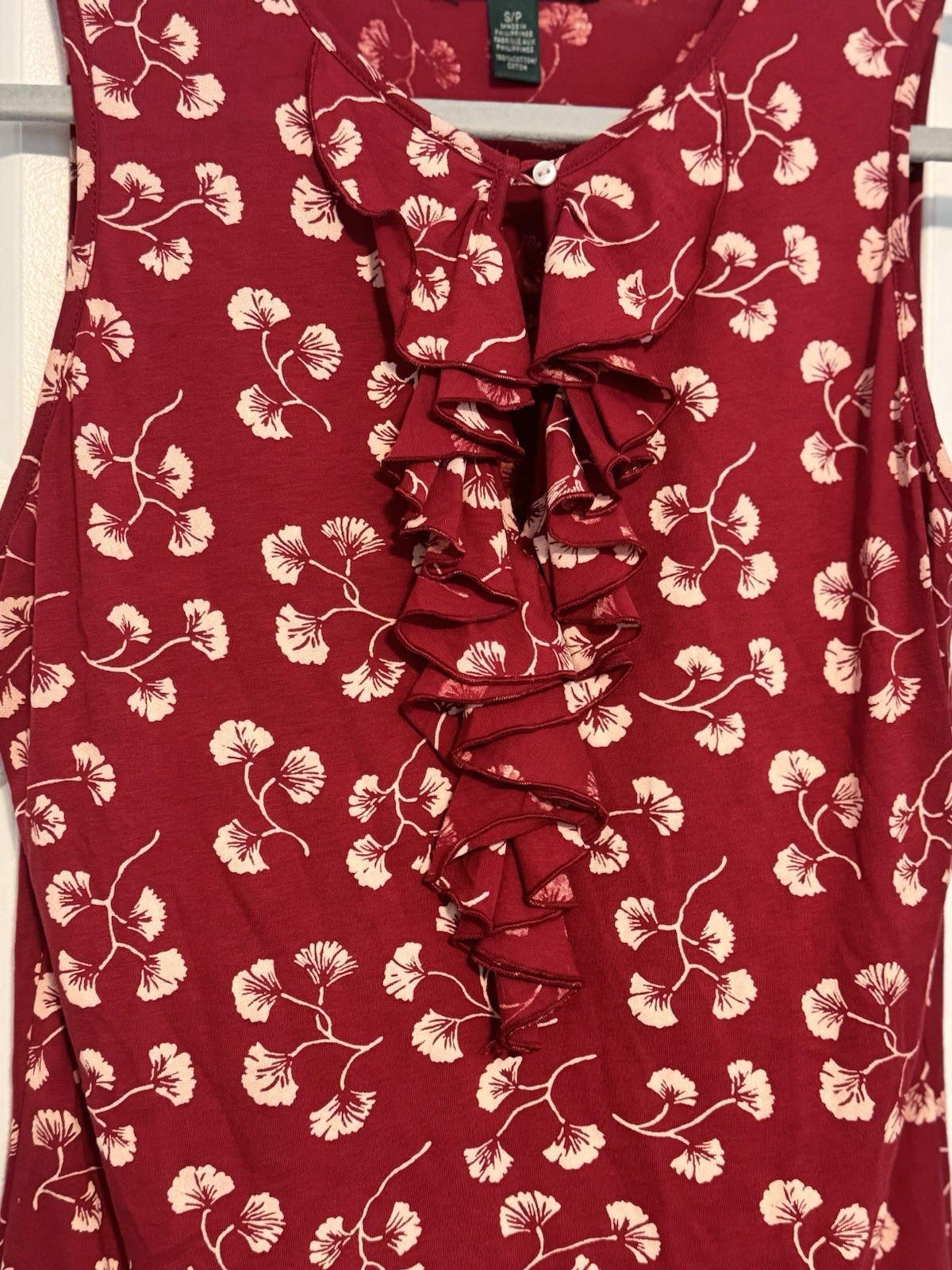 Lauren Ralph Lauren Scarlet Red White Ginkgo Leaf Ruffle Sleeveless Top Small