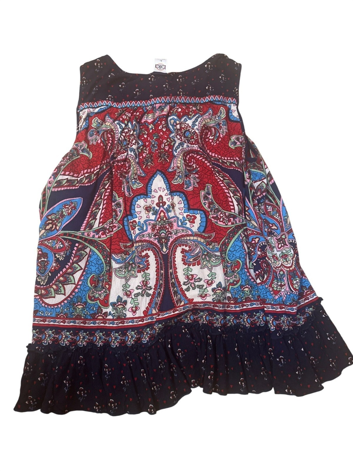 Bila Womens Size L Tank Top Boho Paisley Sleeveless Ruffle Hem Bold Colorful