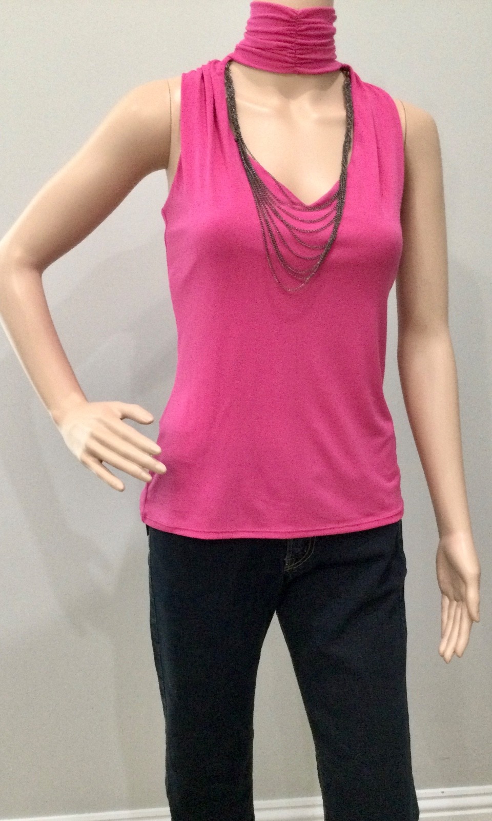 Bisou Bisou Pink Ruched Mock Neck Top Chain Detail Open Back Y2K Glam Size M