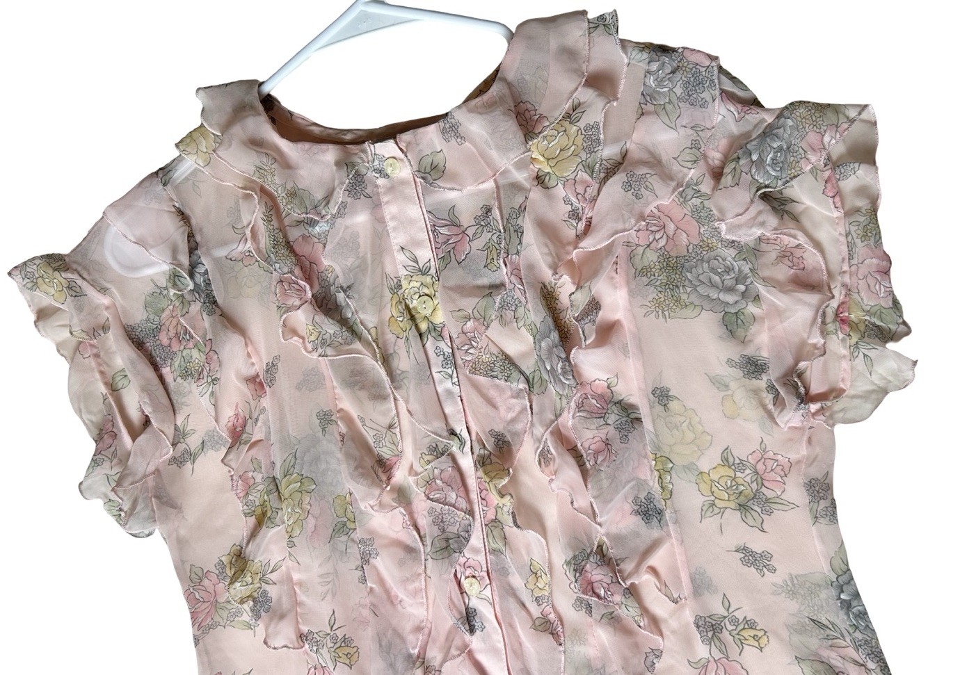 VTG Nilani Semi Sheer Ruffled Top Size 6 Pink Floral Short Sleeve Button Down
