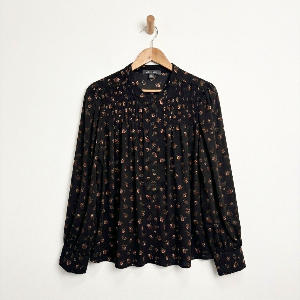 Laurel Grey Floral Blouse XL Black Pleated Pintuck Long Sleeve Button Up