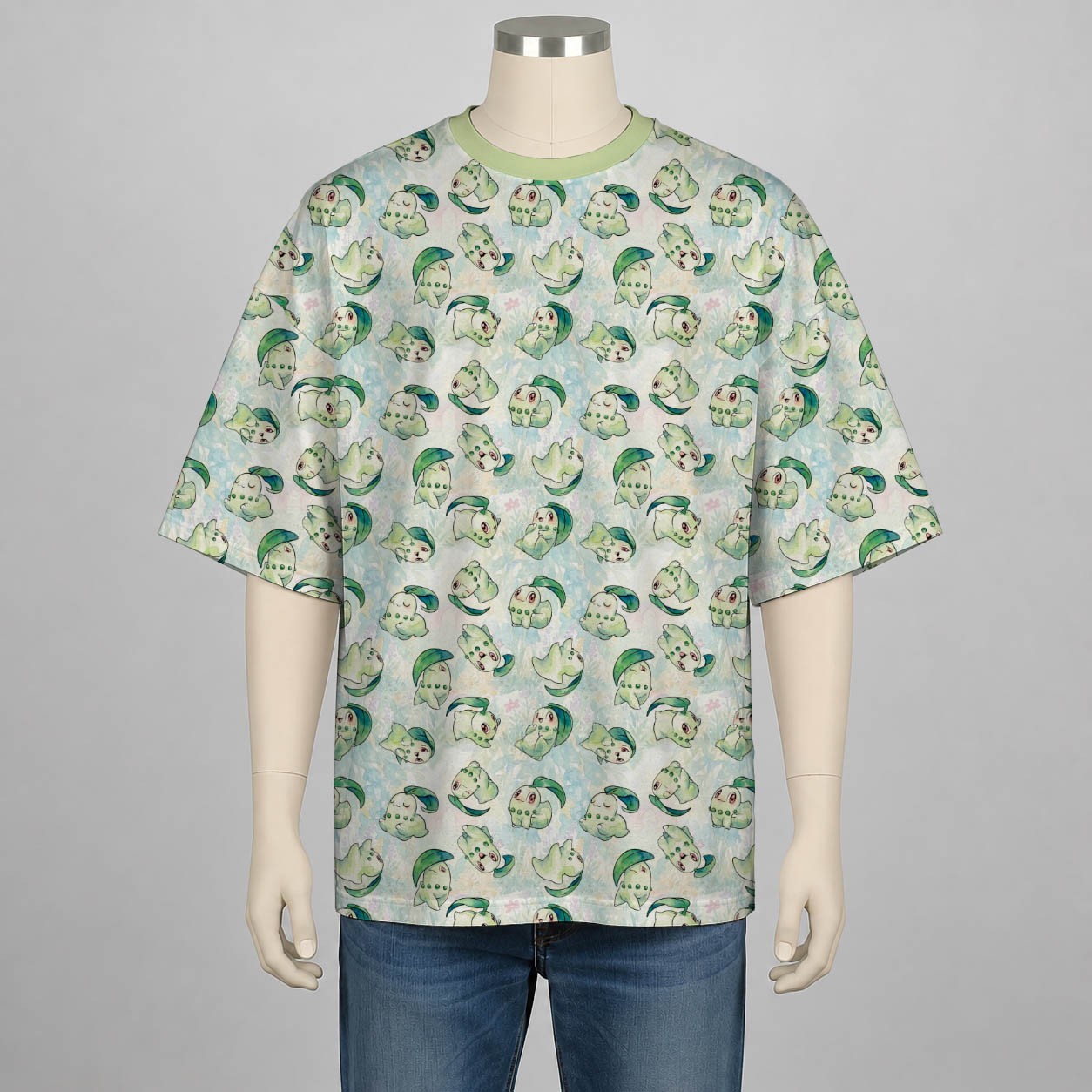 Chikorita Pokemon Drop Shoulder T-Shirt All Over Print Unisex Oversized S-6XL