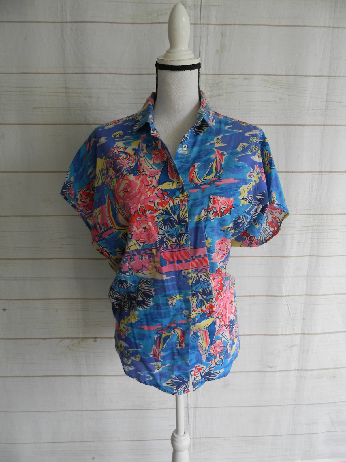 VINTAGE 80’S AVON FASHIONS COTTON BLEND SHORT SLV TROPICAL BLOUSE SZ 13/14