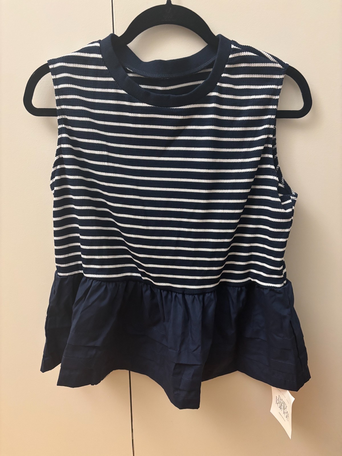 Women’s Navy and White Stripe Peplum Top, Tankaneo, Size L, NEW!