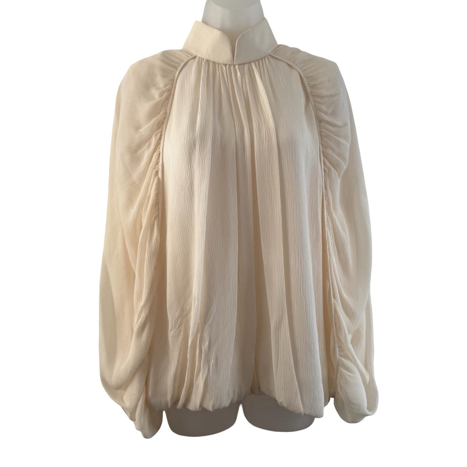 Blanc De Chine Shirt Womens 16 White Silk High Neck Pleated Bubble Hem Blouse